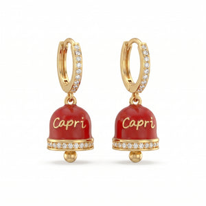 Zirkonbesetzte Creolen mit rotem Glöckchen „Capri“