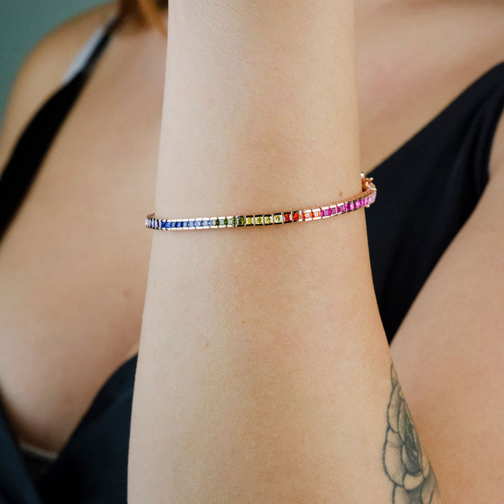 Bracciale Tennis zirconi Rainbow taglio carrè 3mm Placcato Oro 18Kt - My Mo Gioielli