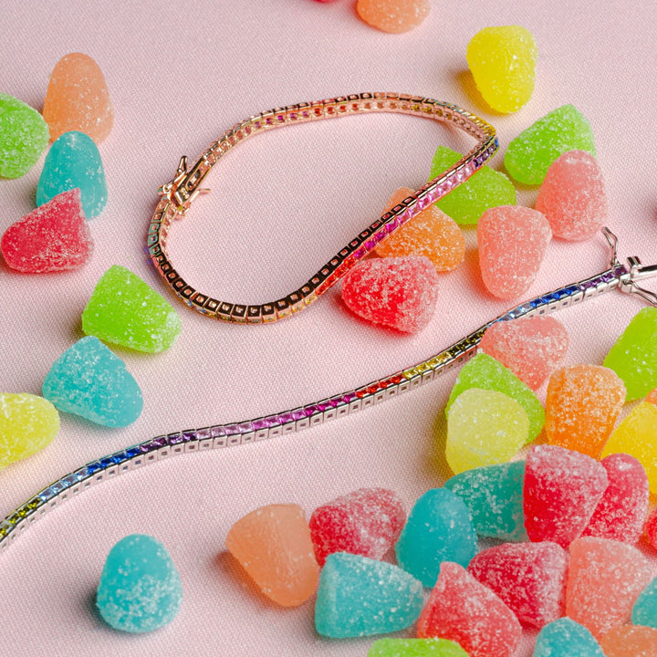 Bracciale Tennis zirconi Rainbow taglio carrè 3mm Placcato Oro 18Kt - My Mo Gioielli